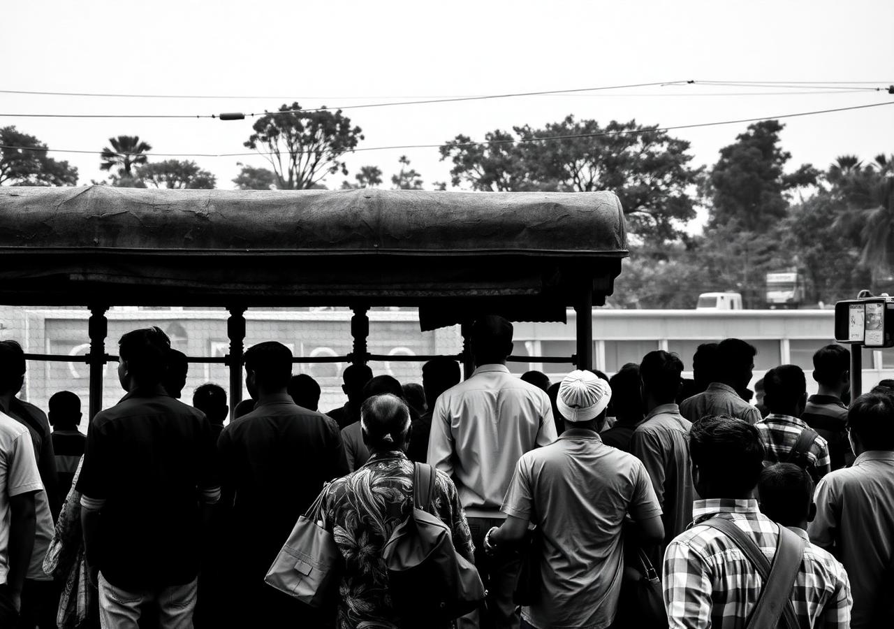 Commuters waiting at a crowded bus stop